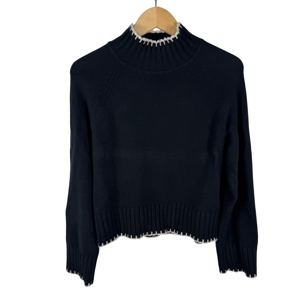 Gap Mock Neck Contrast Stitch Knit Sweater Womens L Black White Raglan Sleeve